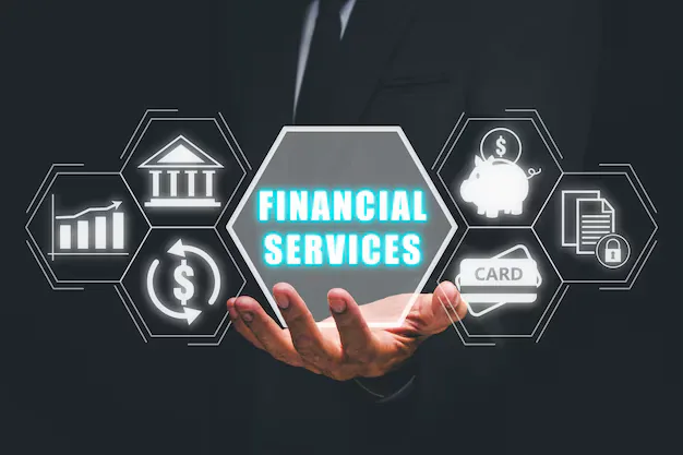 Hand presenting financial services icons